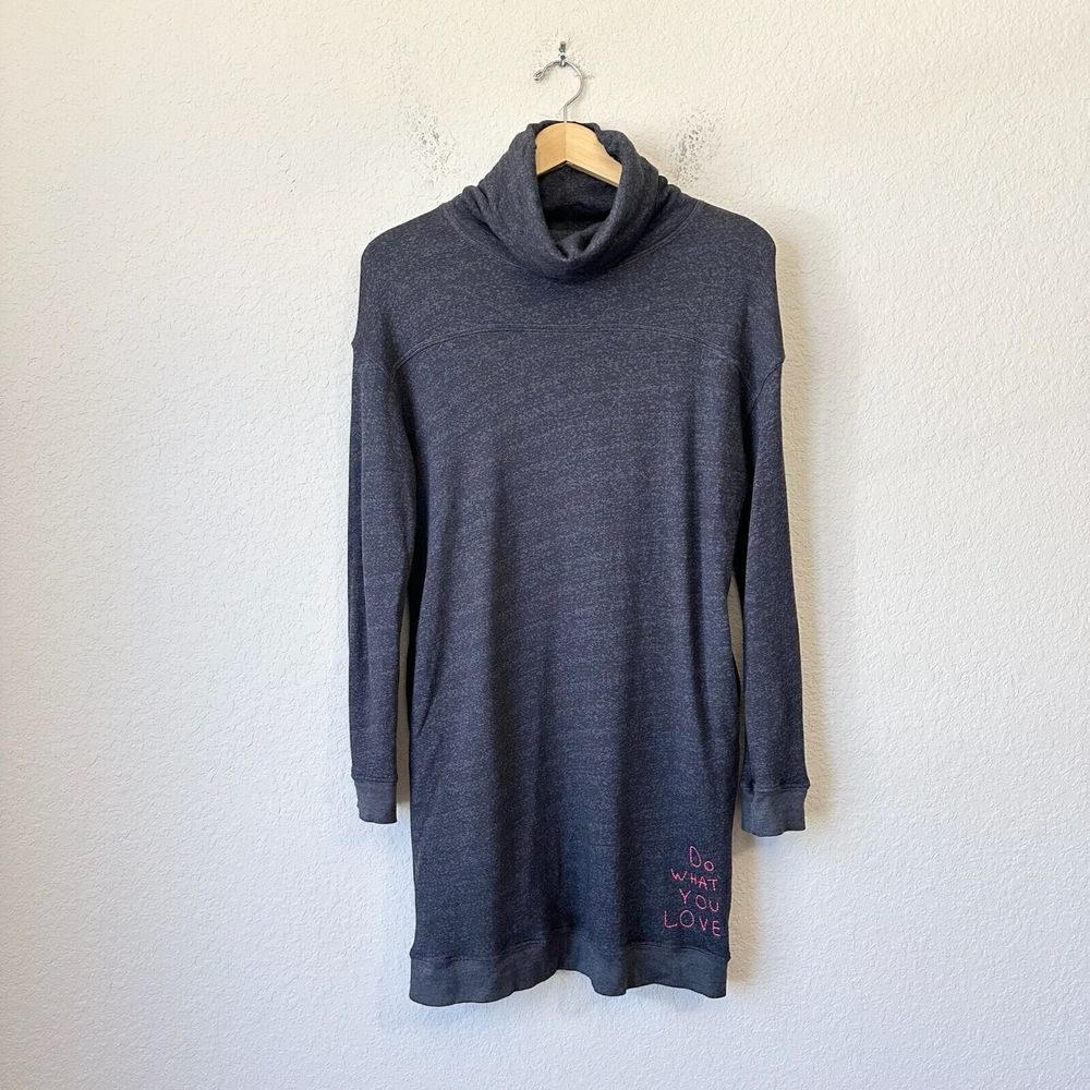 SUNDRY L/S Embroidered Turtleneck Sweatshirt Dress in Charcoal Grey